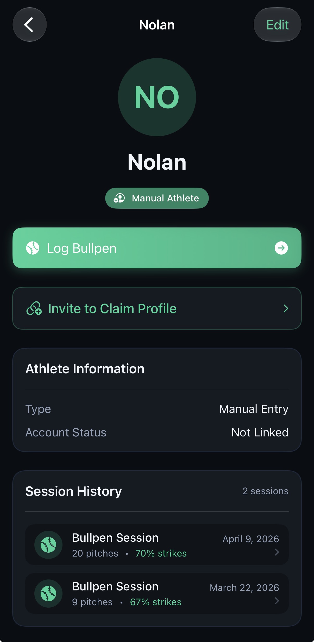 Athlete profile with a Log Bullpen button and session history