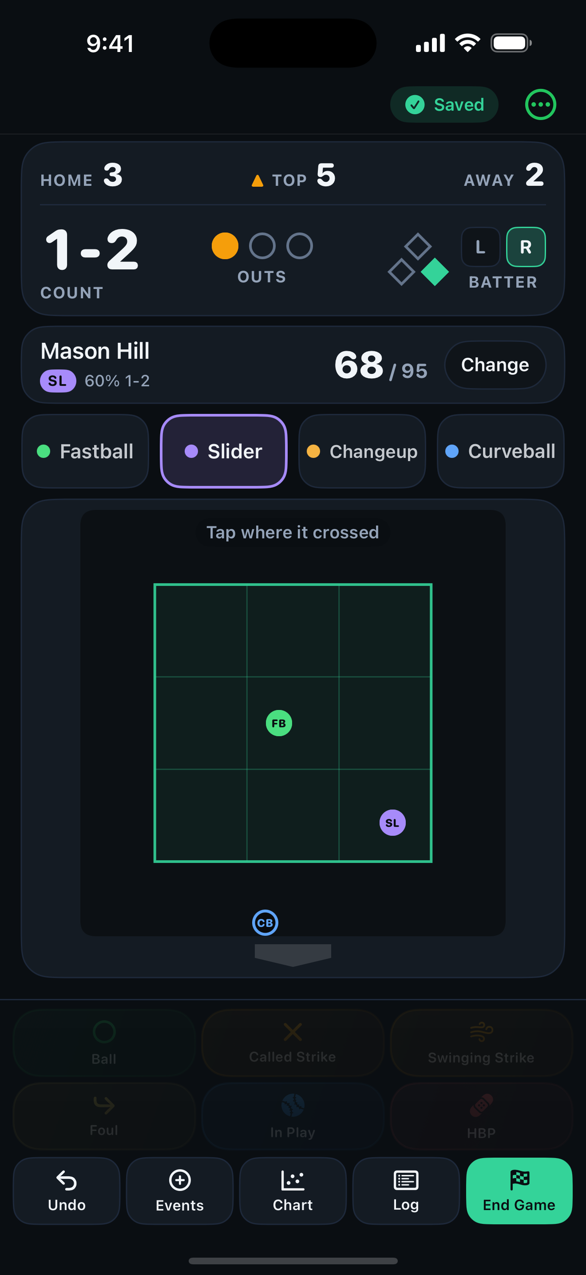 Game mode in the 5th inning: the count, the pitcher at 68 of 95, and Scout showing he goes slider 60% in 1-2 counts