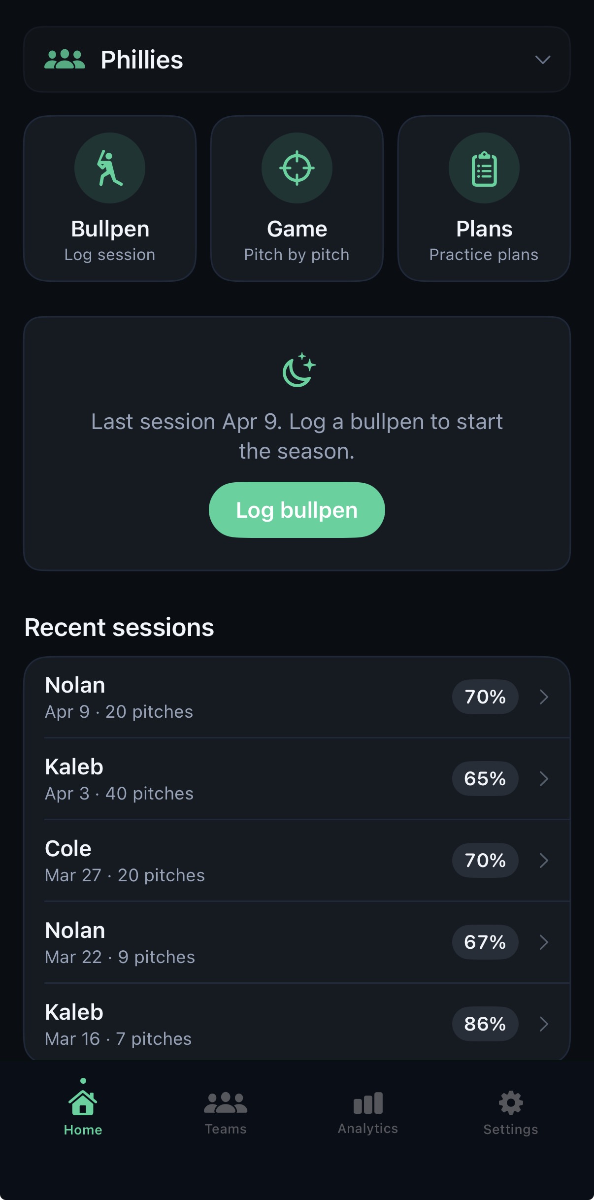 PitchWise home screen with recent bullpen sessions and strike percentages
