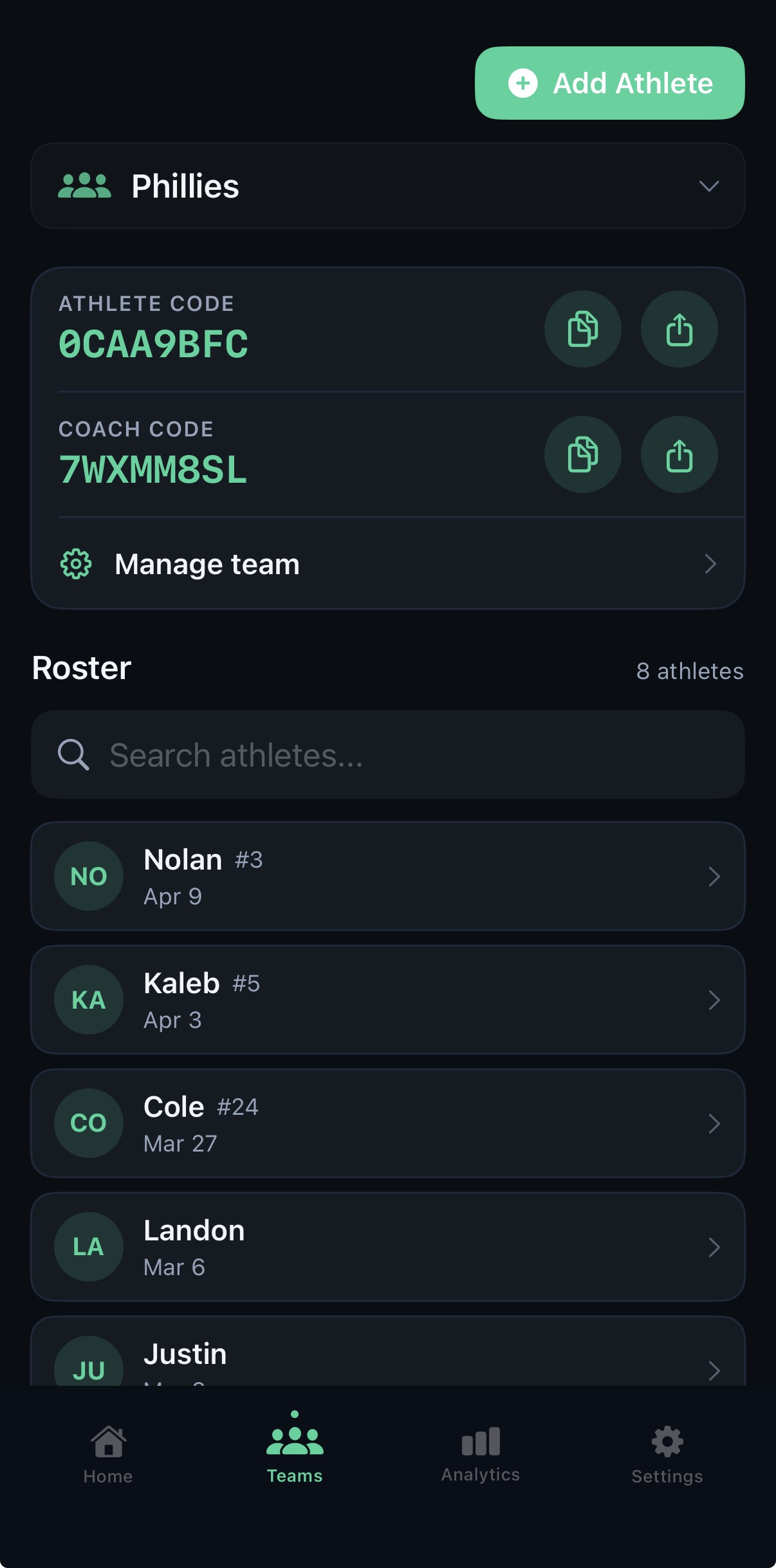 Team screen with athlete code, coach code and roster
